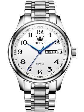 Olevs Mens Silver Luxury Stainless Steel White Face Analog Quartz Luminous Watch